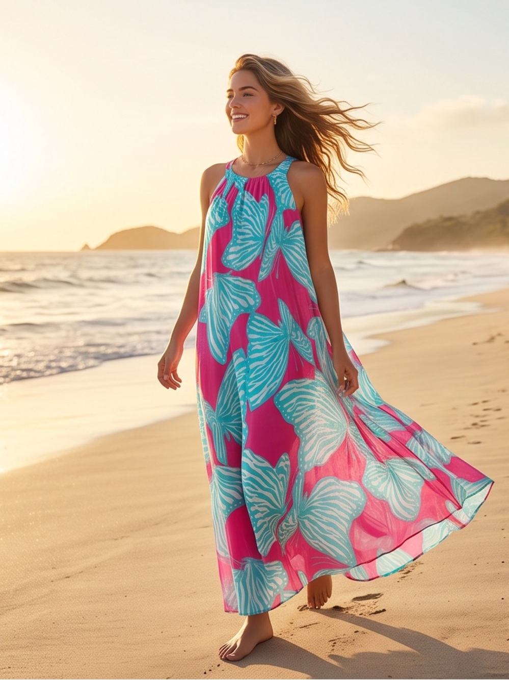 Rosemaringe Women’s Pink & Teal Maxi silk Dress